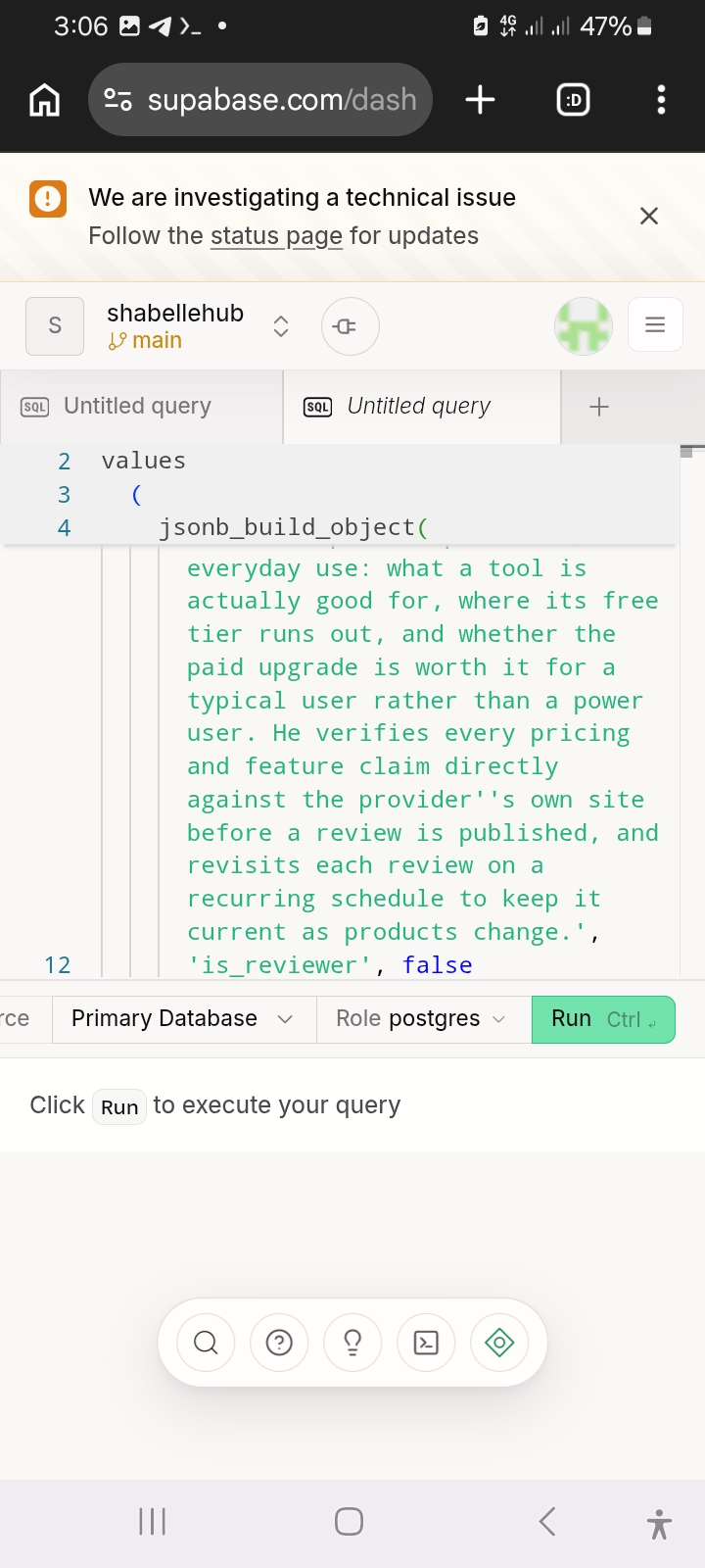 Supabase SQL editor showing a jsonb_build_object query used to migrate ShabelleHub data