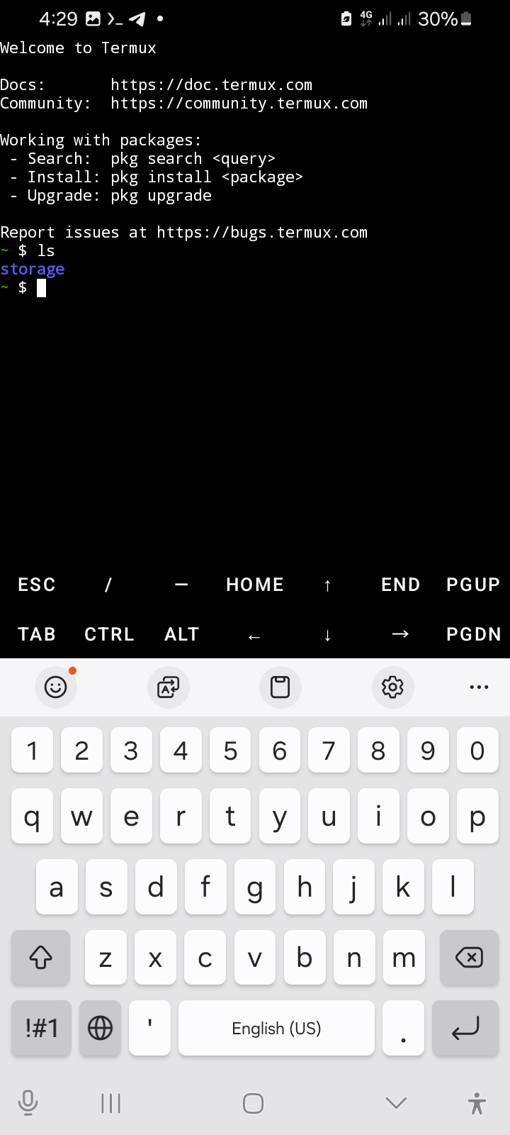 Termux terminal on an Android phone showing commands used to set up the ShabelleHub development environment