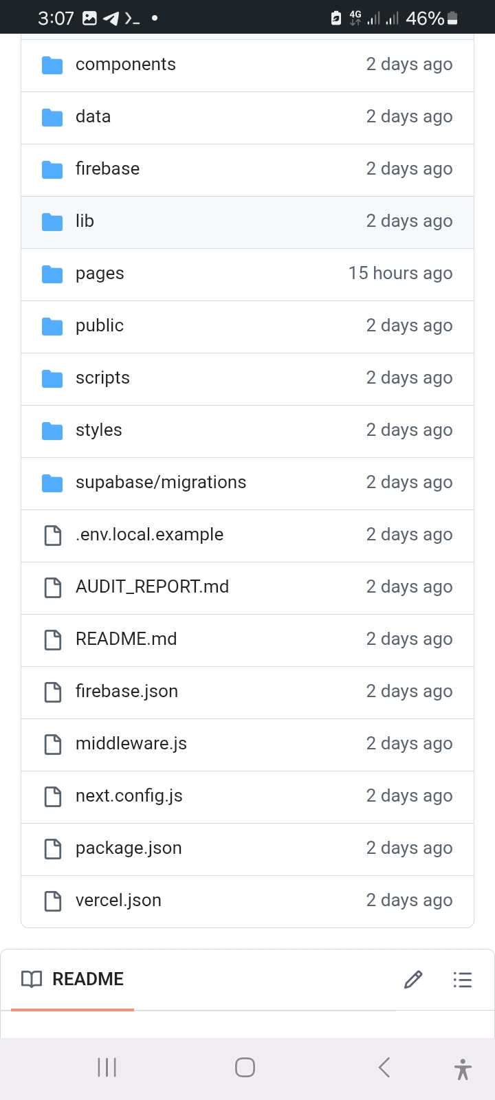 Termux terminal showing the storage directory used for the ShabelleHub Git and Vercel deployment workflow
